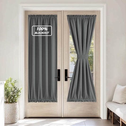 NICETOWN 100% Blackout French Door Curtain,Privacy Thermal Insulated Window Curtain with Adjustable Tieback for Glass Front Sliding Patio Door, 1 Panel, 36W x 72L, Grey