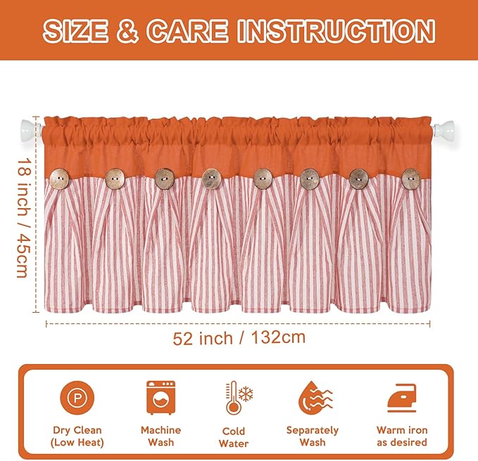 ASPMIZ Farmhouse Cotton Linen Valances for Windows, Boho Kitchen Curtains Valances with Rustic Button, Orange Striped Window Treatments Curtain Valance for Bathroom Cafe, 52 x 18 Inch, 1 Pannel