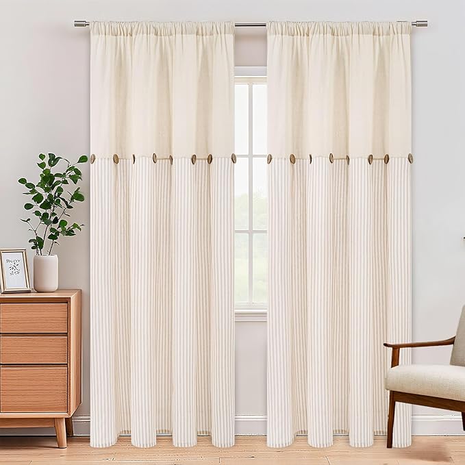 ASPMIZ Cotton Linen Curtains for Living Room, Rod Pocket & Back Tab Boho Curtains for Bedroom, Country Farmhouse Striped Curtain with Rustic Buttons, Home Decor, Khaki, 52 x 84 Inch, 2 Panels