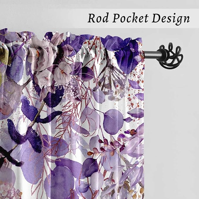 Purple Eucalyptus Floral Curtains 63 Inch Length Watercolor Flower Plant Light Filtering Curtains for Living Room Farmhouse Rustic Dining Room Curtain Wildflower Kitchen Curtain 2 Panels