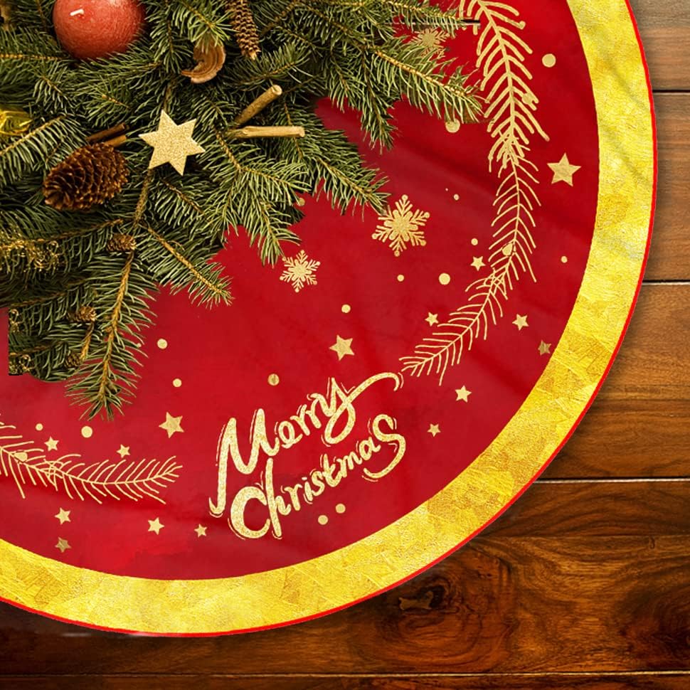 Christmas Tree Skirt Red and Gold Tree Skirt Ornaments Soft Plush Christmas Tree Mat with Snow Pattern for Decorations Holiday Party Indoor Outdoor 48 Inches by WALXINK