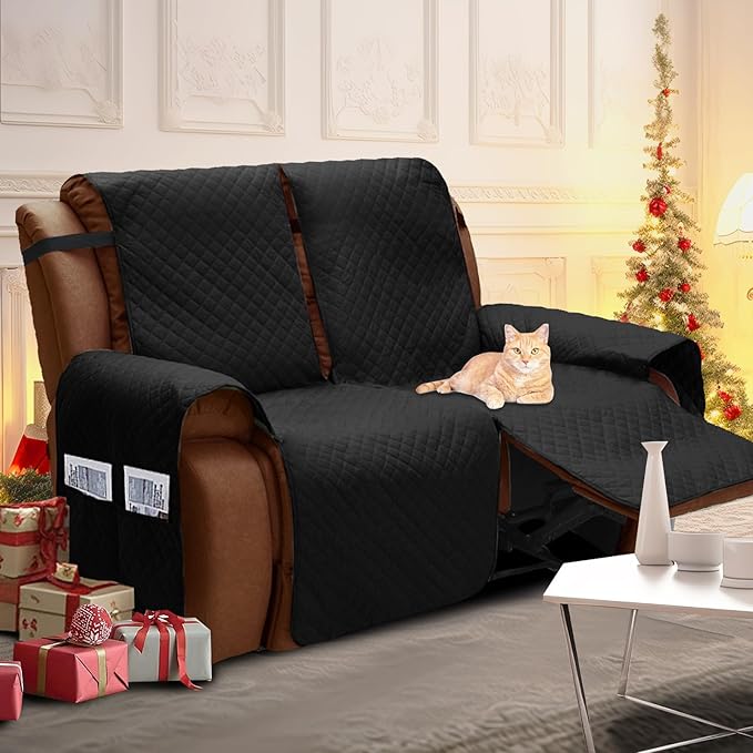 XINEAGE Water Resistant Recliner Cover, 2 Seat Loveseat Covers with Pockets, Quilted Thick Protector Cover for Dog Pets with Non Slip Backing and Strap (Loveseat, Black)