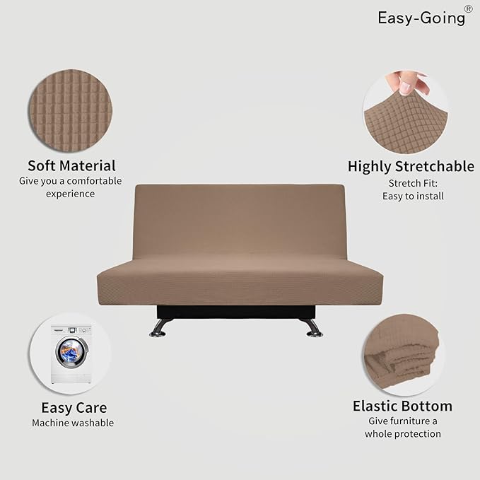 Easy-Going Stretch Futon Slipcover Armless Futon Bed Cover Furniture Protector Without Armrests with Elastic Bottom for Kids, Soft Jacquard Fabric Small Checks (Medium, Camel)