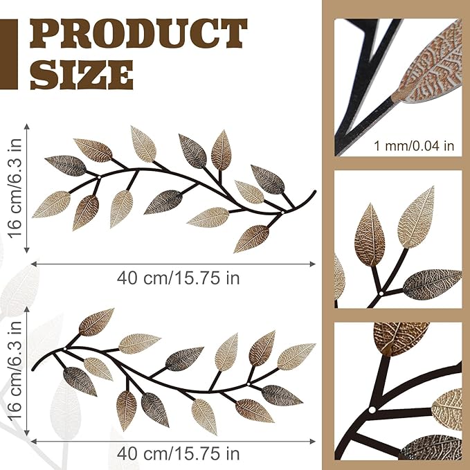 Zhengmy 2 Pieces Metal Tree Leaf Wall Decor Vine Olive Branch Leaf Wall Art Living Room, Hallway Wall Decor Outdoor Decoration(Vintage Brown)