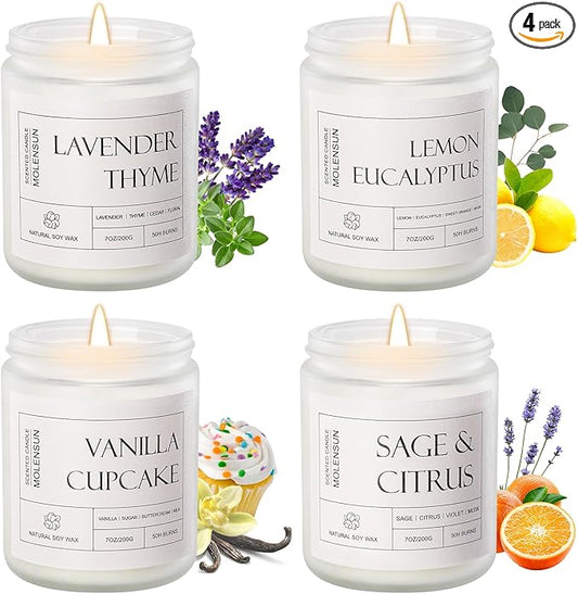 4 Pack Candles for Home Scented, 28 oz Long Lasting Candles, Soy Candle Set Gift for Women - Lavender Thyme/Lemon Eucalyptus/Sage &Citrus/Vanilla Cupcake