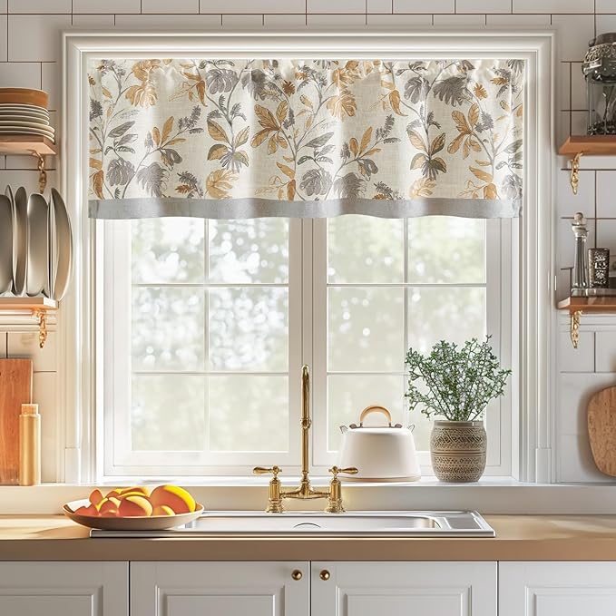 jinchan Linen Valance Double Layer Kitchen Window Curtain Yellow Leaf on Beige Valance for Living Room Cafe Farmhouse Light Filtering Rustic French Country Curtain 16 Inch Rod Pocket 1 Panel