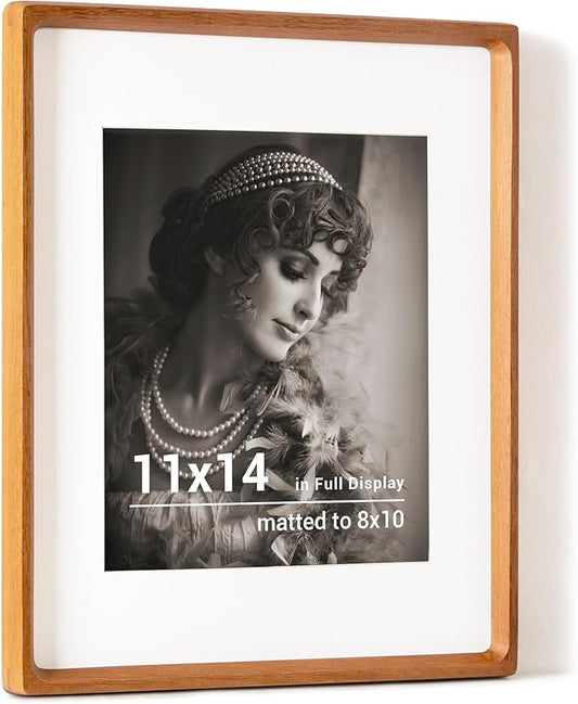 11x14 Picture Frame, USA-Sourced Teak Wood Photo Frames with HD Tempered Glass, Handcrafted Rounded Corner 11 x 14 Wooden Frames Matted to 8x10 Photos, 11x14 Frame, Horizontal or Vertical Wall Display