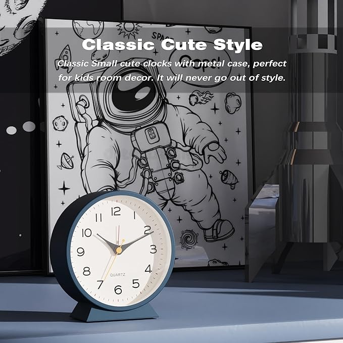 AYRELY?? 4.5" Analog Alarm Clock,Small Retro Desk Clock Battery Operated,Slient Metal Table Clock with Light for Living Room Decor,Bedroom,Bedside,Shelf (Blue)
