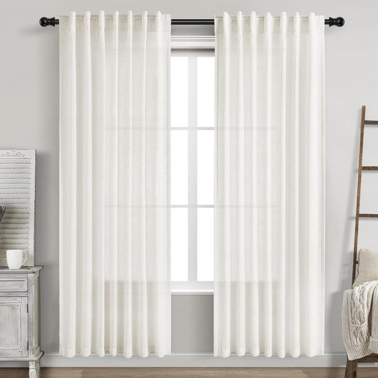 Nanspring Beige White Linen Curtains for Living Room 78 Inches Long Back Tab and Rod Pocket Light Filtering Semi Sheer Curtain Rustic Farmhouse Decor Luxury Drapes for Bedroom Office 52x78, 2 Panels