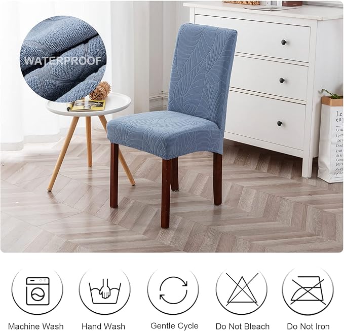 Genina Waterproof Chair Covers for Dining Room, Stretch Jacquard Dining Chair Slipcovers Removable Washable Chair Protector for Kitchen, Hotel, Restaurant (Leaves-Light Blue, 6 PCS)
