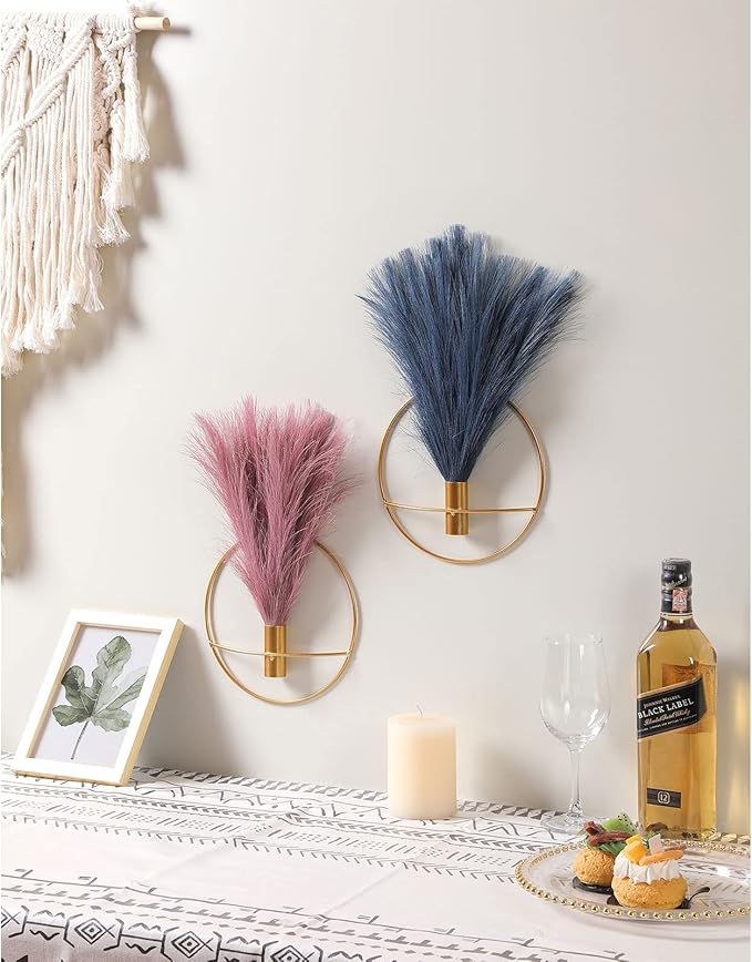 Pretty Jolly Wall Decor Metal Vase Decoration Holder, Mounted Artificial Flowers, Golden Fake Wheat 2 Pack, Art Artificial Greenery, Farmhouse, Boho