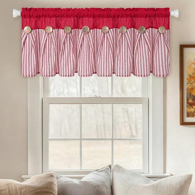 ASPMIZ Farmhouse Cotton Linen Valances for Windows, Boho Kitchen Curtains Valances with Rustic Button, Red Striped Window Treatments Curtain Valance for Bathroom Cafe, 52 x 18 Inch, 1 Pannel