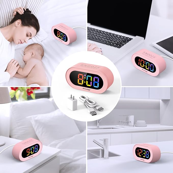 REACHER Pink Colorful LED Digital Alarm Clock with USB Charger - Image 7