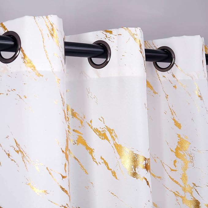 Taisier Home Gold Foil Print Linen Textured Curtains - Geometric Marble Pattern Design for Living Room - Light Filtering Window Treatment, 2 Panels, 84" L, White and Gold