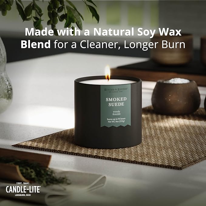 Candle-lite Rugged & Refined Scented Candle for Men, Smoked Suede, 9 oz Tin, Poured in The USA, Masculine Fragrance, 1-Wick, 58 Hours of Burn Time, Ideal Gift for Man in Your Life & Father's Day