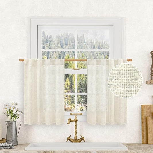 LAMIT Short Linen Kitchen Window Curtains 36 Inch Length, Over Sink Semi Sheer Light Filtering Panels Back Tab and Rod Pocket Drapes for Basement Bathroom Window, 2 Panels, Cream Ivory???34 x 36 Inch