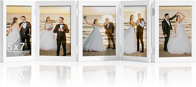 5 Folding 5x7 Picture Frame Horizontal Engineered Wood Accordion Photo Frame with Plexiglass Tabletop Bookshelf Display White