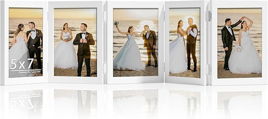 5 Folding 5x7 Picture Frame Horizontal Engineered Wood Accordion Photo Frame with Plexiglass Tabletop Bookshelf Display White