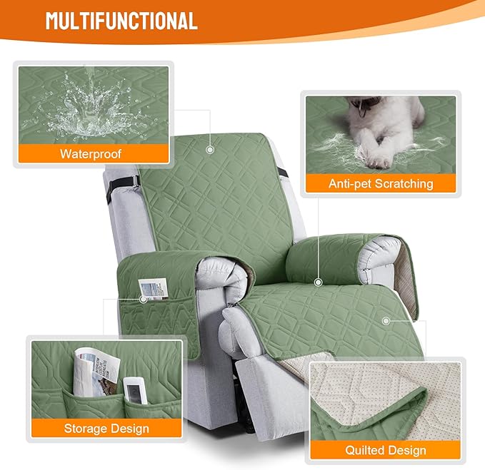 VANSOFY 100% Waterproof Recliner Chair Covers, Recliner Cover Non-Slip Dog Chair Cover Furniture Protector Washable Slipcover with Pocket, Elastic Straps for Pets, Dogs(Bean Green, 22")