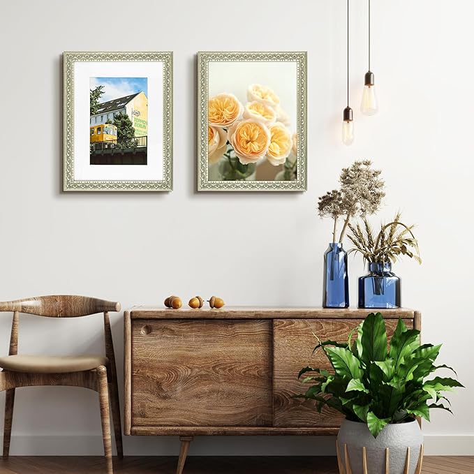 Golden State Art, 12X16 Ornate Finish Photo Frame with White Mat for 8X12 Picture & Real Glass, Color: Silver Beige