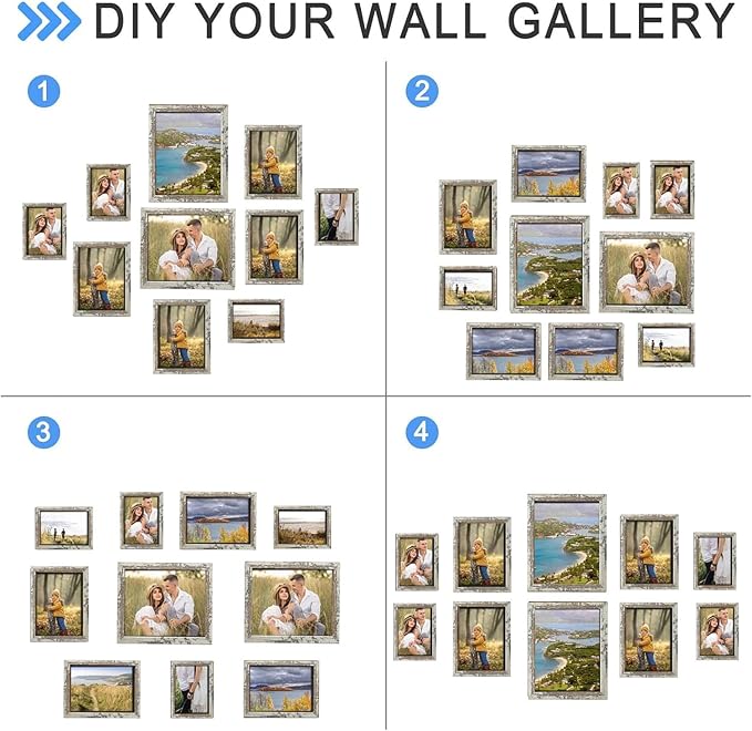 Picture Frames Collage Wall Decor, 10 PCS Picture Frames Including 8x10, 5x7, 4x6, Gallery Wall Frame Set for Wall Mounting or Tabletop Display, Family Photo Frames, Rustic White