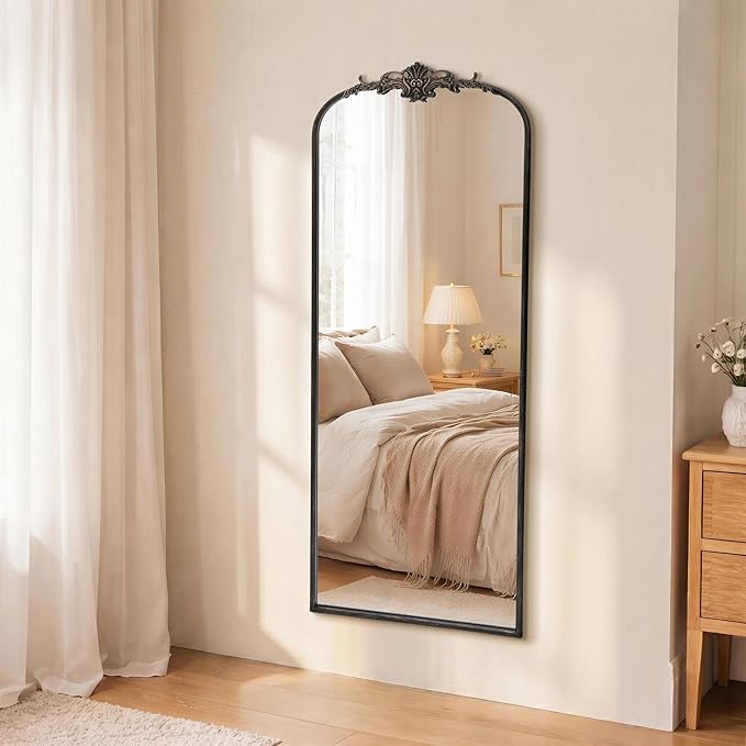 Besdomus Arched Mirror Full Length: 21"x56" French Black Vintage Full Body Mirror - Floor Antique Baroque Traditional Ornate for Entryway/Cloakroom/Bedroom/Living Room - Home Decor for Homemakers