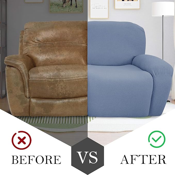 JIVINER 6-Piece Loveseat Recliner Slipcover Stretch Jacquard Recliner Sofa Cover 2 Seater Washable Reclining Couch Cover with Pocket Fitted Furniture Protector Cover (Loveseat Recliner, Light Blue)