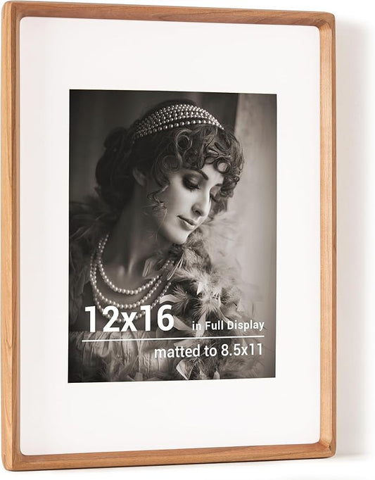 12x16 Picture Frame, USA-Sourced Cherry Wood Photo Frames with HD Tempered Glass, Handcrafted Rounded Corner 12 x 16 Wooden Frames Matted to 8.5x11 Photos, Horizontal or Vertical Wall Display