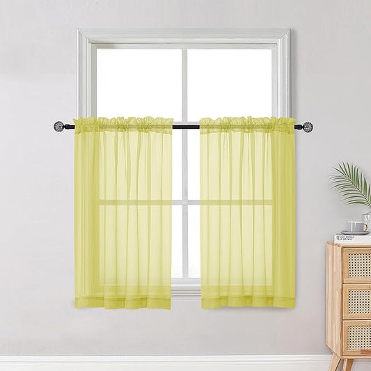 OWENIE Short Lemon Sheer Curtains 36 Inch Length 2 Panels Set, Kitchen Tiers Curtains Light Filter Rod Pocket Voile Cafe Curtain for Basement Bathroom Small Half Window, 42" W x 36" L, Lemon