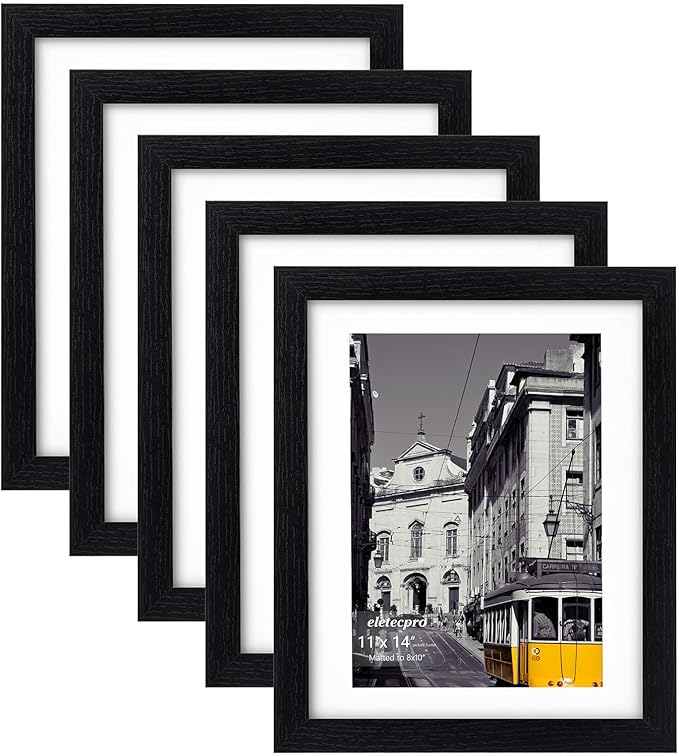 eletecpro 11x14 Picture Frames Set of 5 with Clear Acrylic Cover, Gallery Wall Decor, Displays 8x10 Photos with Mat or 11x14 Without, Horizontal or Vertical Wall Mount, Black