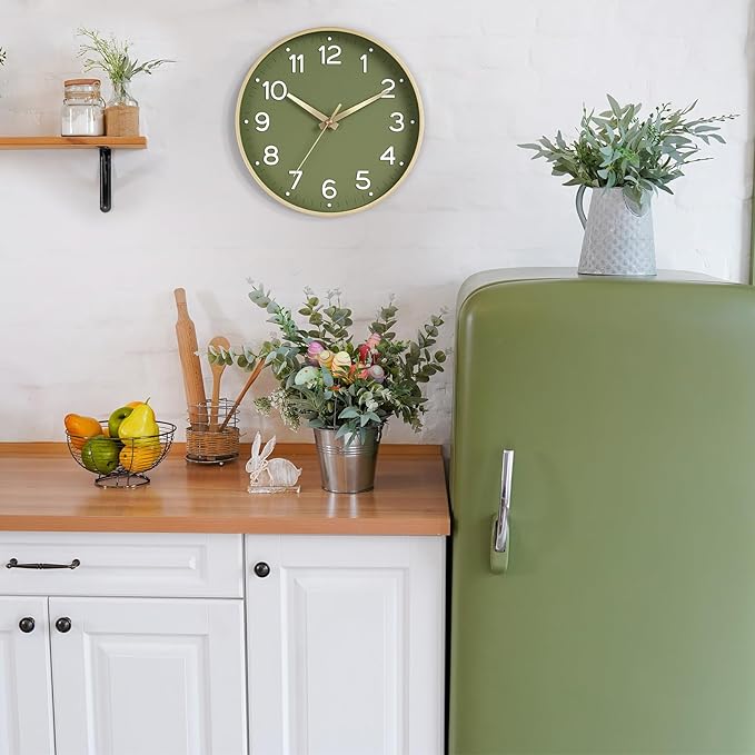 Wall Clock 14 Inch Silent Green Wall Clocks Battery Operated- Modern Non Ticking Analog Clock Decorative for Living Room Bedroom Office Kitchen(Gold)