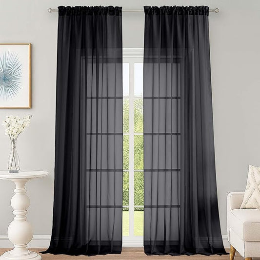 OWENIE Black Sheer Curtains 108 Inches Long for Living Room Bedroom 2 Panels Set, Lightweight Airy Black Sheer Curtain, Filmy Rod Pocket, 2 PCS, Each 59" W x 108" L