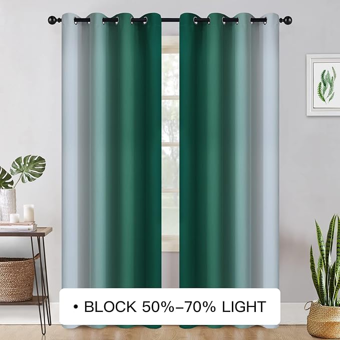 COSVIYA Blackout Curtains & Drapes Ombre Green Curtains 84 inches Long 2 Panels, Room Darkening Light Blocking Grommet Gradient Insulated Thermal Window Curtains for Bedroom/Living Room,52x84 inches