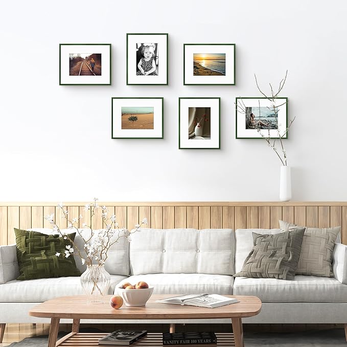 Golden State Art 8x10 Picture Frame 6 Pack - Dark Green Aluminum Photo Frames With 5x7 Mats and Real Glass Cover - Elegant Minimalist Wall Gallery Frames for Home or Office Decor