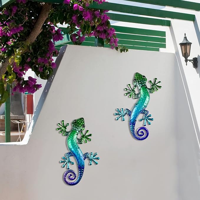 HONGLAND Metal Gecko Wall Art 15 Inch Lizard Outdoor Decor Lizards Garden Sculpture for Yard Fence 2 Pack