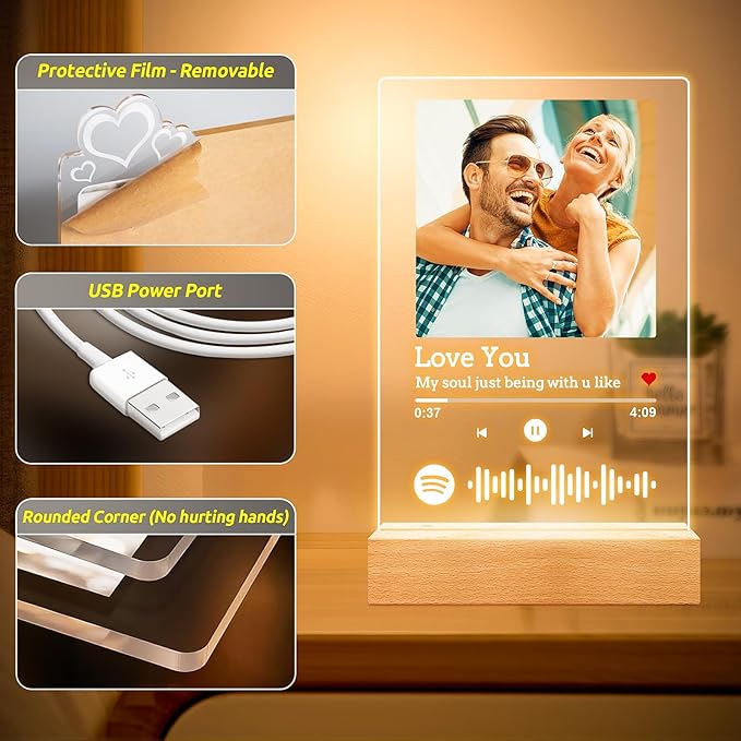 Custom Spotify Plaque, Custom Acrylic Song Plaque Picture Frames, Personalized Photo Frame, Personalized Anniversary Birthday Gifts for Women Men Girlfriend Boyfriend Her Him Couple