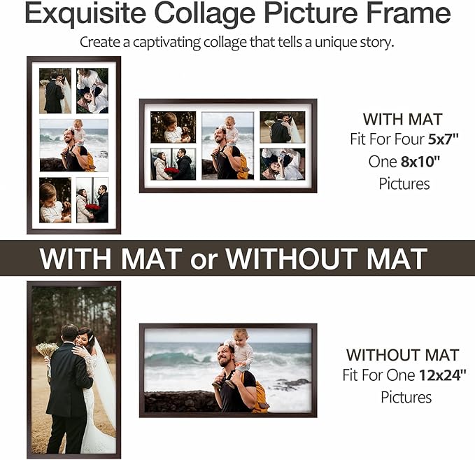 Golden State Art 12x24 Dark Brown Wood Picture Frame - White Mat for 8x10 and 5x7 Photos - Real Glass, Sawtooth Hanger, Swivel Tabs - Wall Mounting - Great for Posters, Weddings, and Engagements
