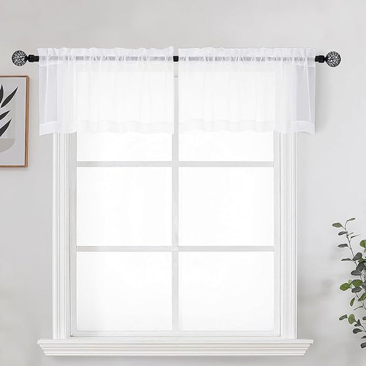 OWENIE White Sheer Curtains for Kitchen Valance Set of 2, Small Short Modern Rod Pocket Voile Valance Curtain Window Treatment Decor for Living Room Bathroom Cafe Laundry Basement, 42" W x 14" L