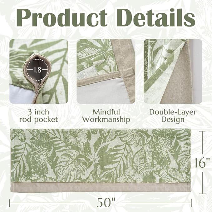 jinchan Linen Curtain Kitchen Valance for Windows Tropical Leaf Printed Valance for Living Room Bathroom Bedroom Blackout Country Farmhouse Kitchen Curtain 16 Inch Rod Pocket 1 Panel Green on Beige