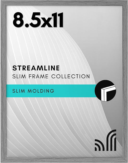 Americanflat 8.5x11 Picture Frame with Shatter-Resistant Glass - Streamline Collection - Thin Border Photo Frame for Tabletop and Wall Display - Hanging Hardware and Easel Stand Included - Grey