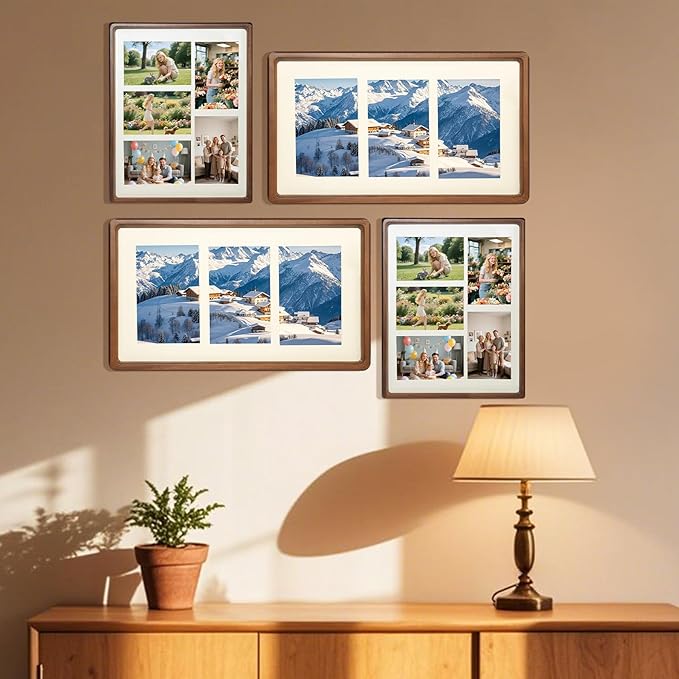 8x14 Collage Picture Frame Walnut Wood, Multiple Three 4x6 Photos or 8x14 without Mat, Rustic Photo Frame with Tempered Glass Hanging Displaying Horizontally or Vertically