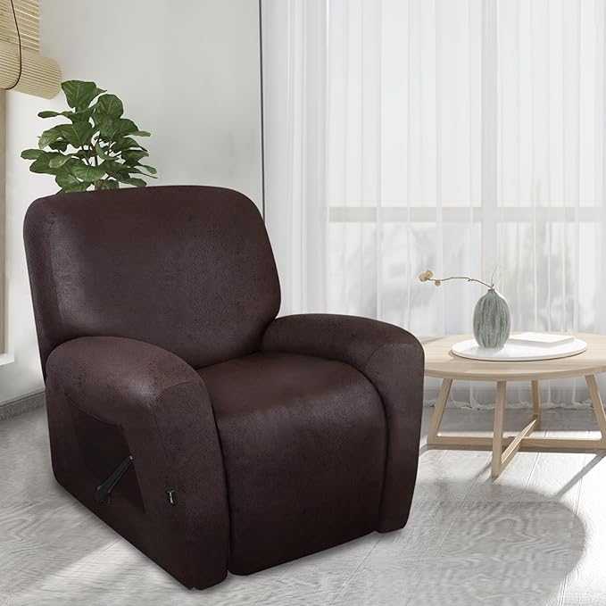 ANARACHON Leather Look Recliner Chair Covers Stay in Place 4-Piece Recliner Slipcovers for Reclining Chair Furniture Protector Spandex Fabric Washable (X-Large, Chocolate)
