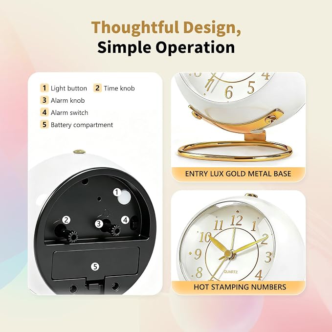 Analog Alarm Clock, Retro Small Desk Clock with Night Light, Backlight Cute Simple Metal Design, Silent Non-Ticking, Battery Powered, for Bedroom,Travel,Kitchen,Bedside Desktop Decor - Image 4