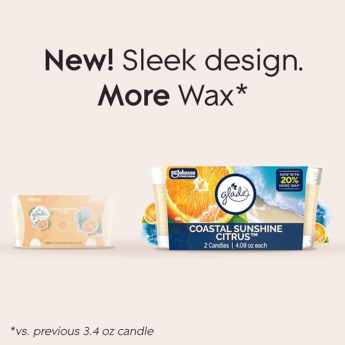 Glade 1-Wick Scented Candle Jar, Coastal Sunshine Citrus, Air Freshener Infused with Essential Oils, 4.08 Oz, 2 Count