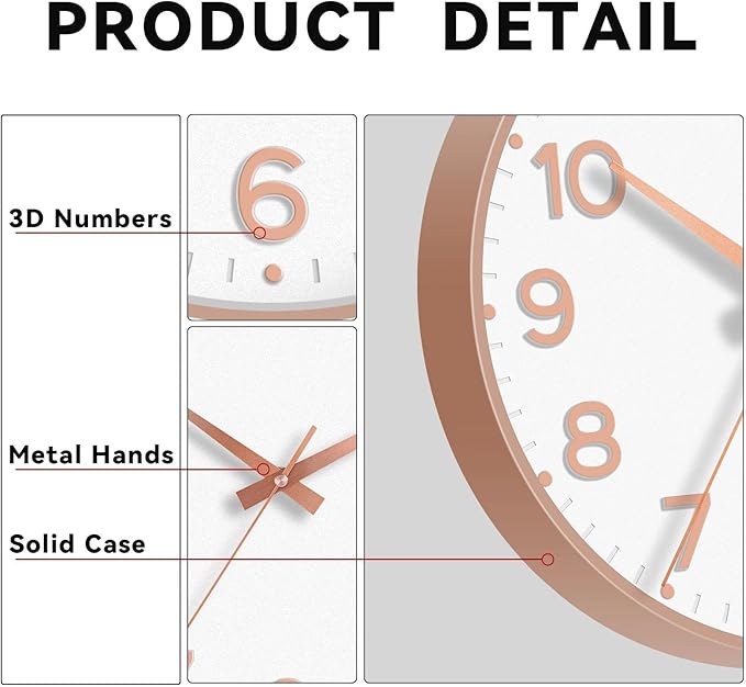 Wall Clock 12 Inch Silent Wall Clocks Battery Operated- Modern Non Ticking Analog Clock Decorative for Living Room Bedroom Office Kitchen(White Rose Gold)