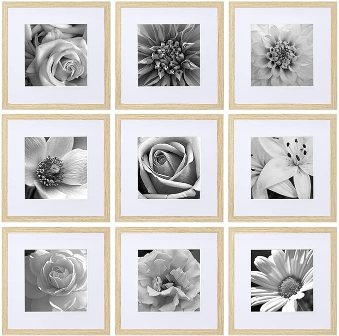eletecpro 12x12 Picture Frames Set of 9 with Clear Acrylic Cover, Display 8x8 Photos with Mat or 12x12 Without, Classic and Sturdy Square Collage Gallery Wall Decor, Easy Wall Mount, Natural