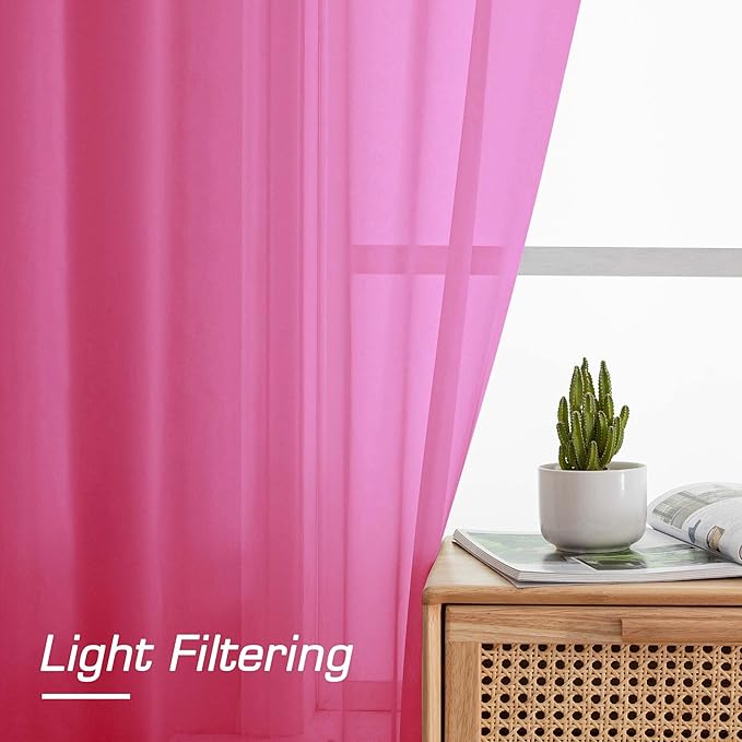 OWENIE Sheer Hot Pink Curtains for Bedroom Living Room 78 Inches Long 2 Panels Set, Soft Solid Light Filtering Sheer Curtain Rod Pocket Clear Drapes for Window Sliding Door, Hot Pink, 42 x 78 Inch