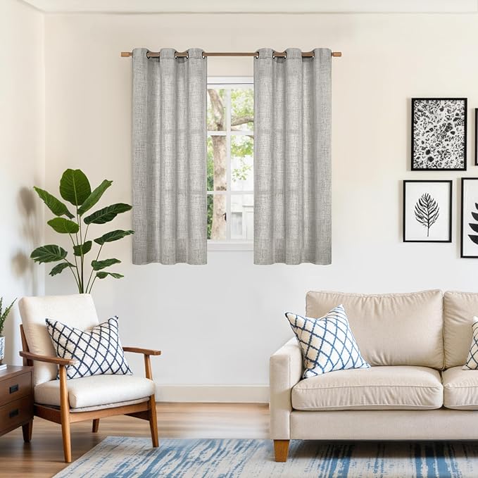 YoungsTex Linen Curtains 54 Inches Length for Living Room, Dark Grey Short Drapes Light Filtering Semi Sheer Privacy with Bronze Grommet for Bedroom Window, 2 Panels, 42 X 54 Inch