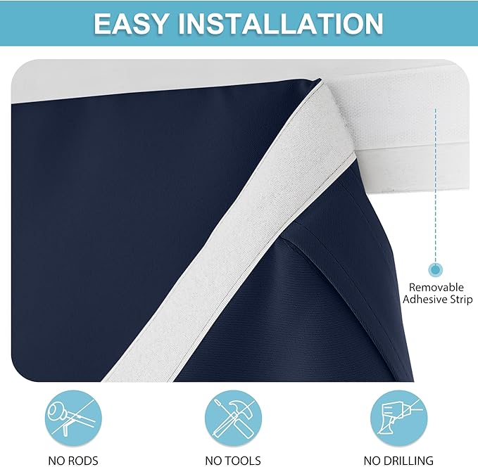 RYB HOME Blackout French Door Curtain - Privacy Thermal Insulated Window Shades for Patio Kitchen Front Entry Back Door Glass Window, Self Adhesive No Drill, 1 Panel, 26" W x 69" L, Navy