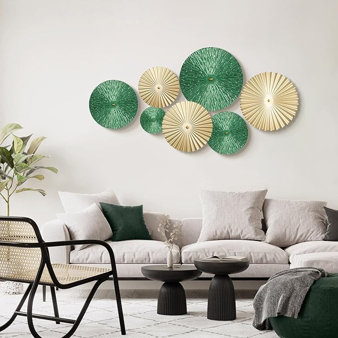 TEIPAI Emerald Green and Gold Wall Decor for Living Room, 7PCS Modern Metal Wall Art Hanging Sculptures for Office Bedroom Decoration, Brass Gold Home Decor for Gallery Wall Guest Room Bathroom